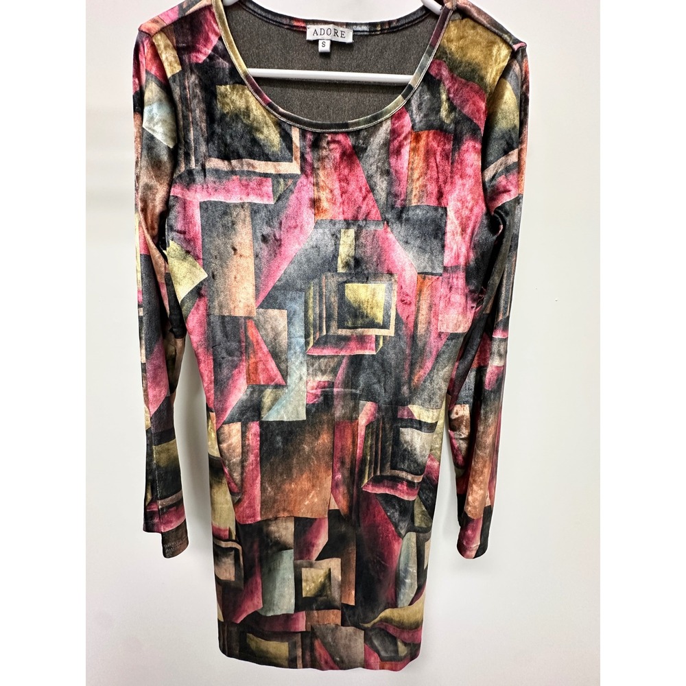 Adore Women Multi Color Geometric Abstract Velvet Long Sleeve Mini Dress Small